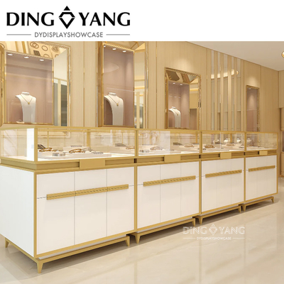 Custom Made Fashion Golden White Retail Perhiasan Display Counter, Retail Perhiasan Display Counter, dilengkapi dengan LED