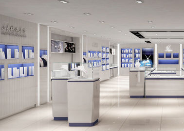 Warna Biru Dekorasi Showroom Display Cases Kayu Dan Bahan Kaca Tempered