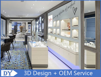 Matte White Coating Perhiasan Wall Display Cases Dengan Led Spot / Logo