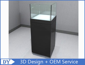 Glossy Hitam Custom Glass Perhiasan Display Case, Square Display Pedestal Dengan Lemari